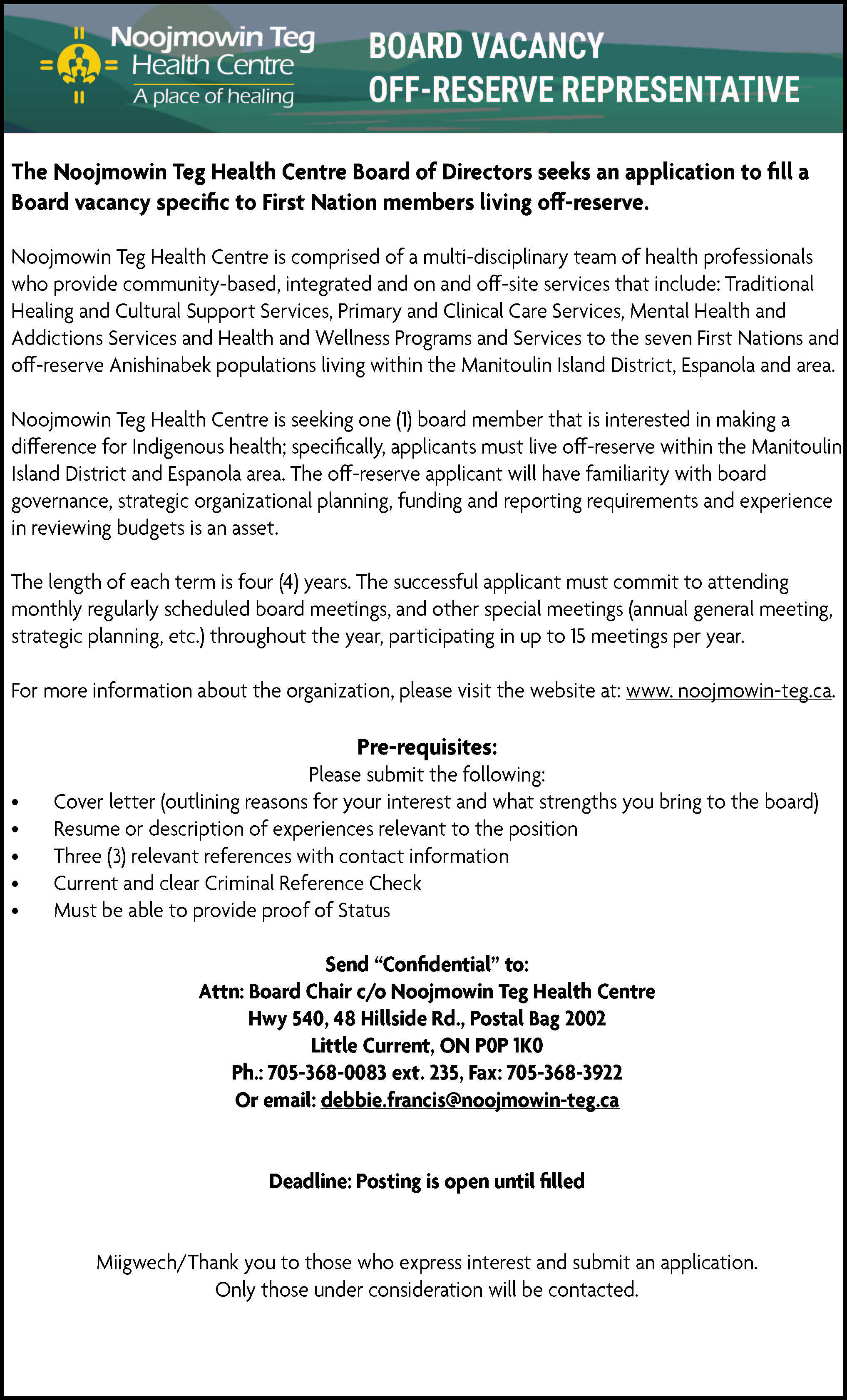 Noojmowin Teg Health Centre Off Reserve Board Representative Vacancy July 2024